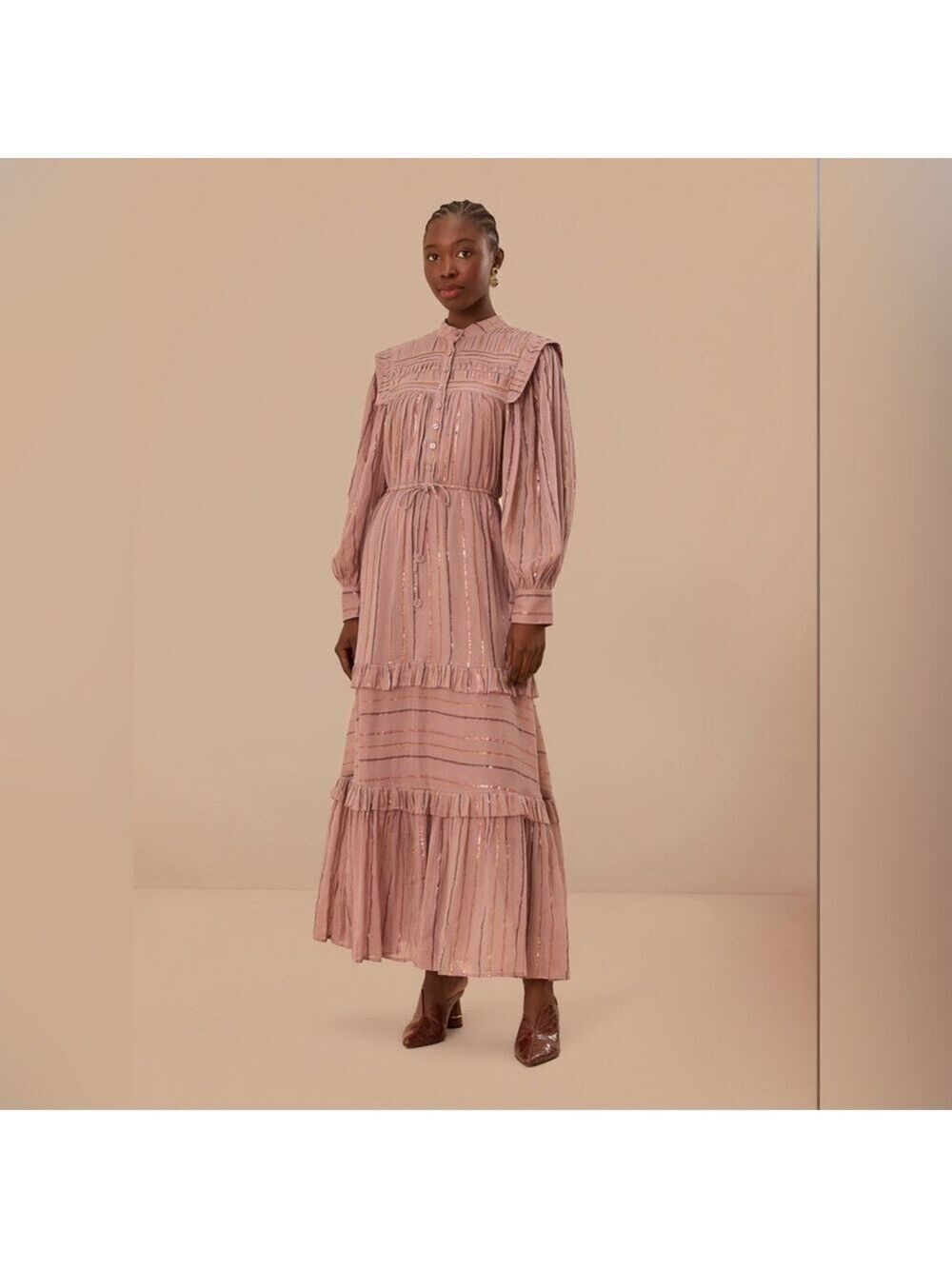 Farm Rio Light Pink Pleated Yoke Tiered Maxi Dress